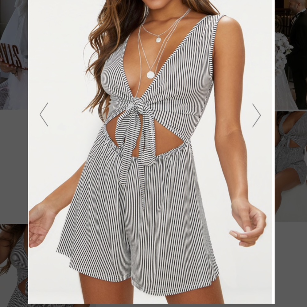 PrettyLittleThing Stripe Front Tie Romper